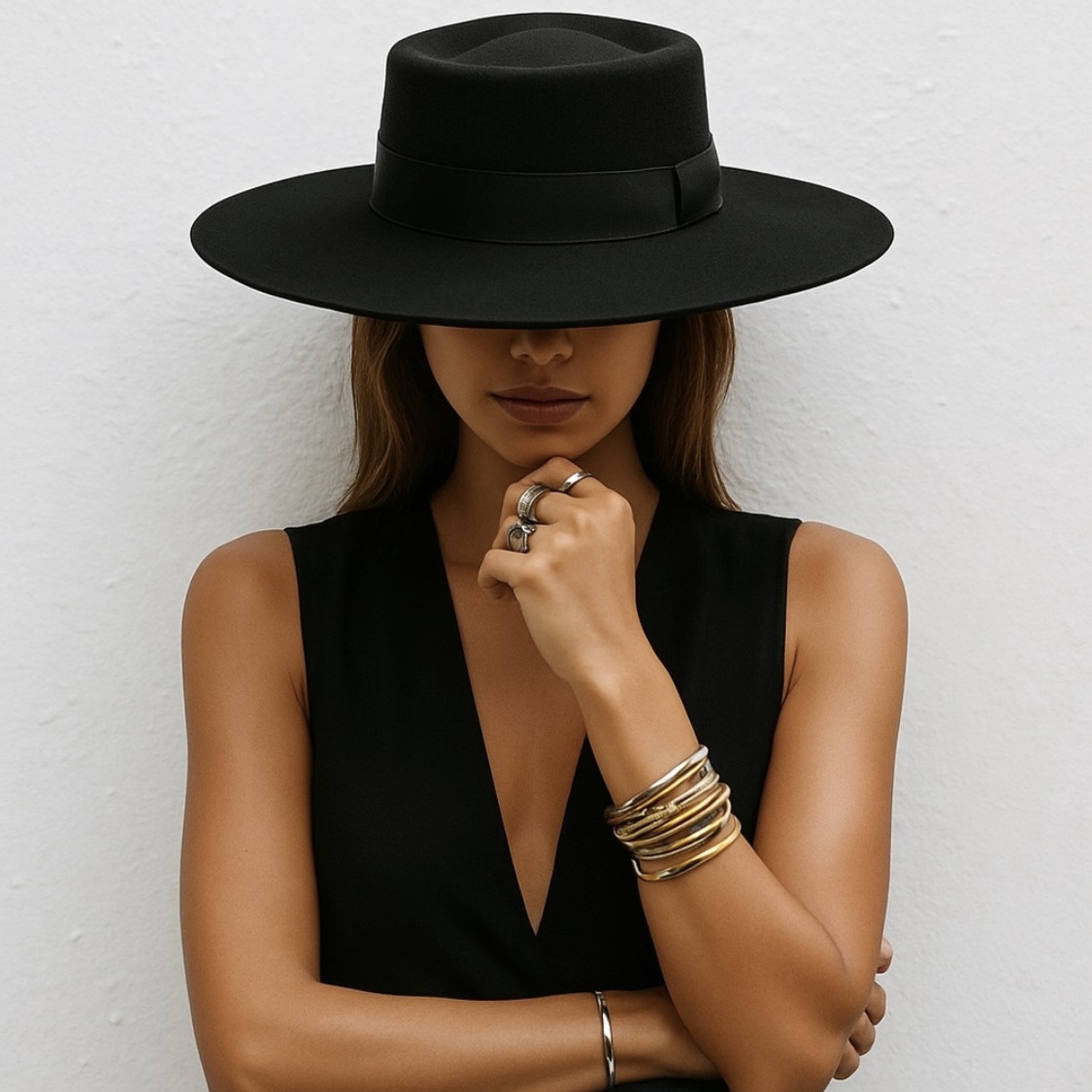 Featured black wide-brim hat and stacked bracelets