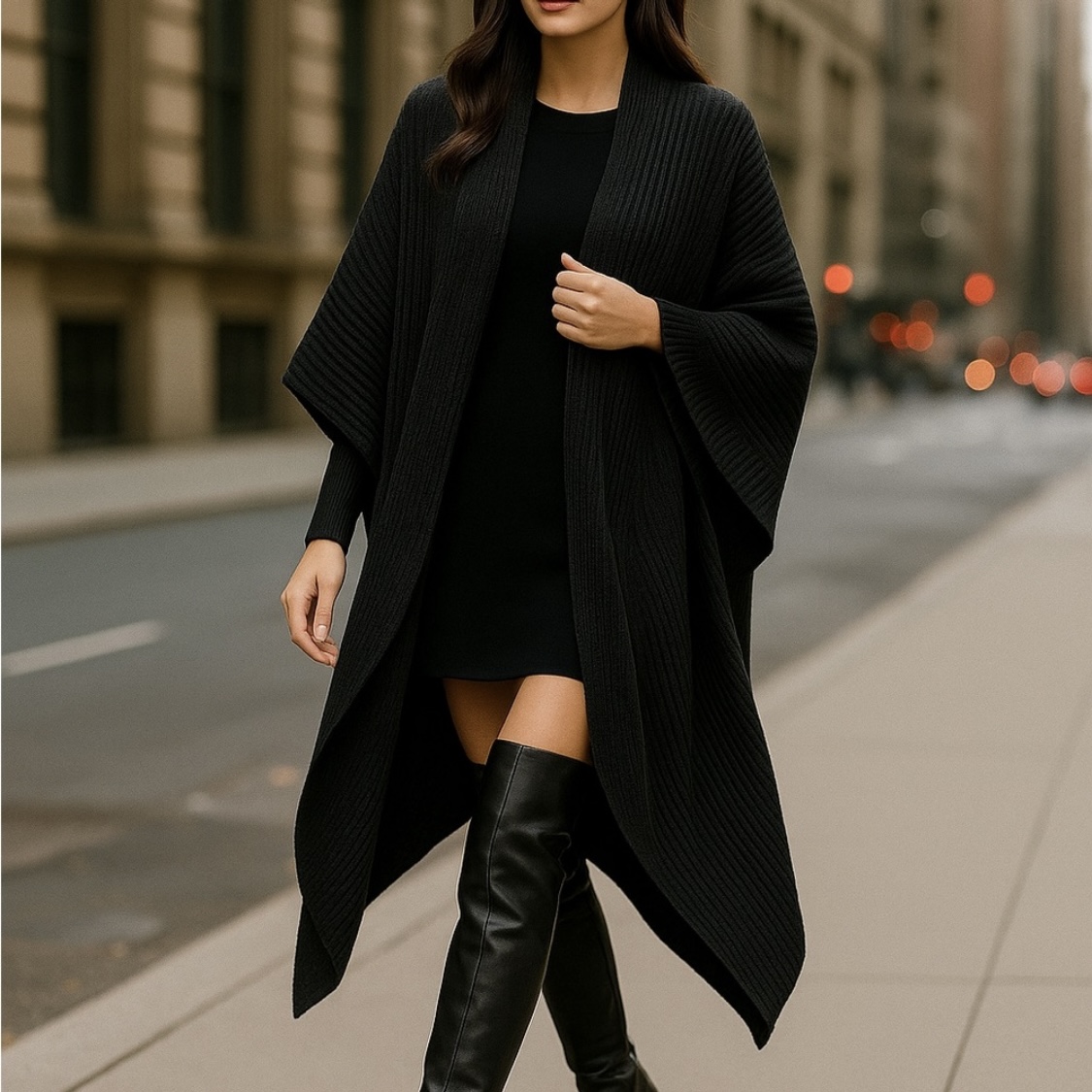 Featured black knit cape and over-the-knee boots
