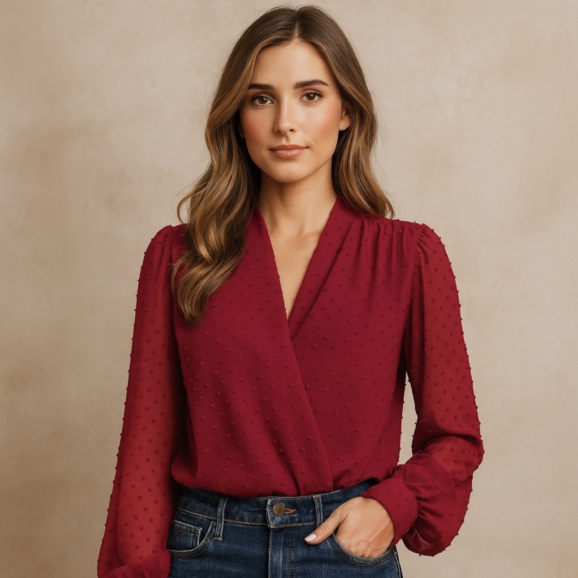 Featured burgundy wrap blouse