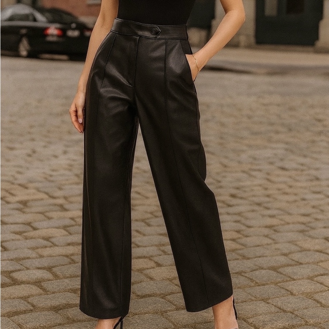 Featured black faux leather trousers