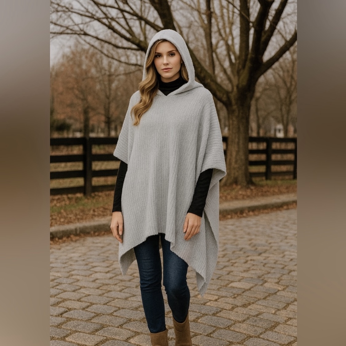 Featured gray hooded poncho
