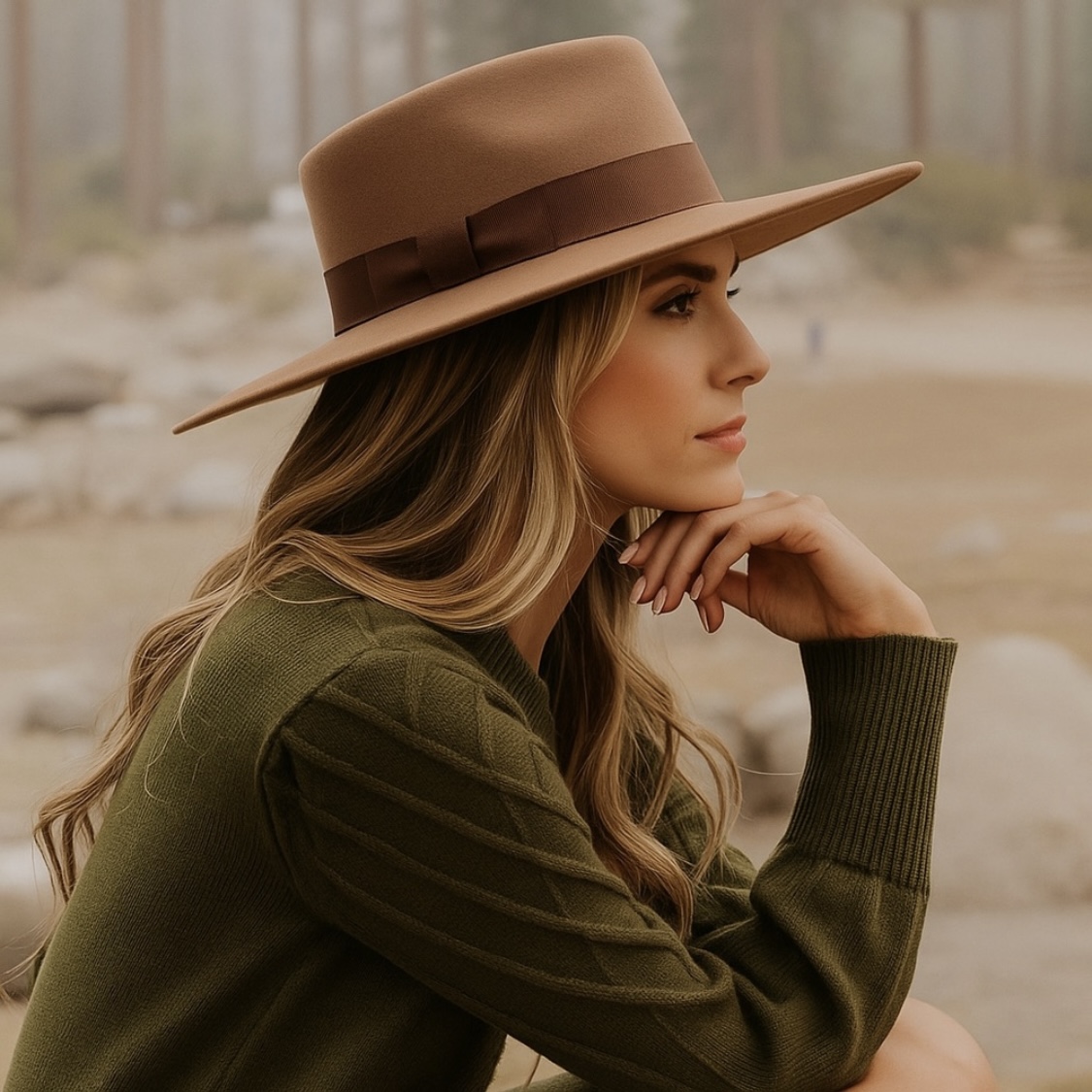 Featured camel hat and green sweater